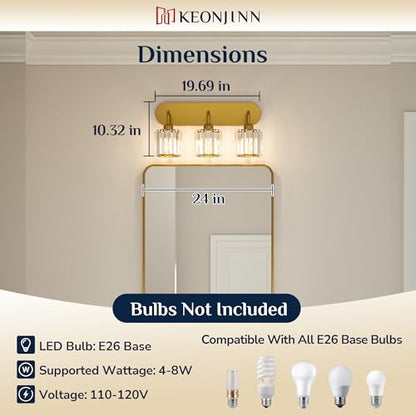 Keonjinn 3-Light Gold Bathroom Light Fixtures, Crystal Bathroom Vanity Lights Over Mirror, Gold Vanity Lighting Fixtures with Crystal Square Shades (E26 Base, Blub Not Included) - color: Gold, size: 3-Light
