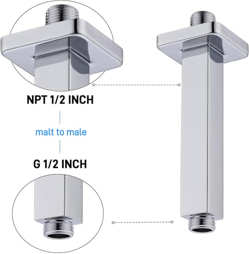 Square Shower Arm with Flange 8 Inch Straight Extension Arm for Ceiling Mount Rainfall Shower Head, Male NPT 1/2" to G1/2", Polished Chrome - color: Chrome, style: 8-Inch