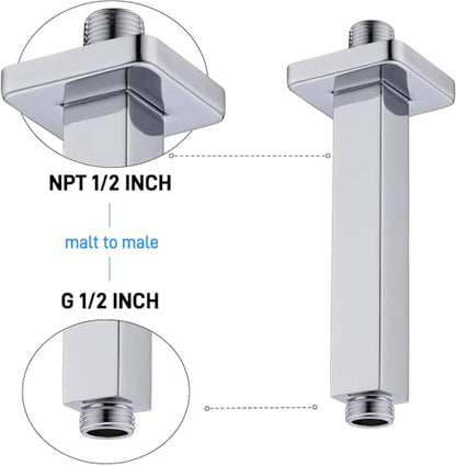 Square Shower Arm with Flange 8 Inch Straight Extension Arm for Ceiling Mount Rainfall Shower Head, Male NPT 1/2" to G1/2", Polished Chrome - color: Chrome, style: 8-Inch