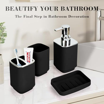 4Pcs Black Bathroom Set, Square Boho Soap & Toothbrush Holder Set | Thick shatterproof ABS, electroplated rust-proof pump, drip-free, multi-slot holder, dustproof lids, easy-clean - color: Black, size: 4PCS