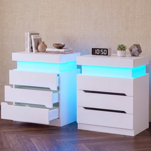 Nightstands Set of 2, Night Stand with 3 Drawers, Nightstand with App-Controlled Adjustable LED Light, Bedside Table with Slidable Hidden Storage Space, Modern Nightstands for Bedroom,White - color: Unbzx032wd2-zf