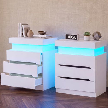 Nightstands Set of 2, Night Stand with 3 Drawers, Nightstand with App-Controlled Adjustable LED Light, Bedside Table with Slidable Hidden Storage Space, Modern Nightstands for Bedroom,White - color: Unbzx032wd2-zf