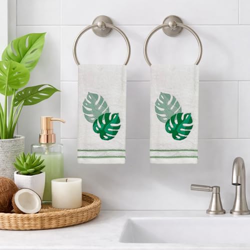 Serafina Home Coastal Tropical Palm Leaves Embroidered Bath Hand Fingertip Towels, Green on Ivory, 100% Cotton, Set of 2, 12 x 18 inches - color: Monstera