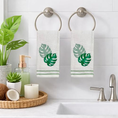 Serafina Home Coastal Tropical Palm Leaves Embroidered Bath Hand Fingertip Towels, Green on Ivory, 100% Cotton, Set of 2, 12 x 18 inches - color: Monstera