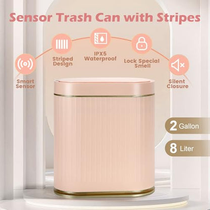 SYNCVIBE Bathroom Sensor Trash Can with Lid, 2 Gallon, Automatic Lid, Pink | 7.5 Liter Smart Garbage Bin, Slim IPX5 Waterproof Plastic Wastebasket, Small Trash Bin for Bedroom, Office and Living Room - color: Pink