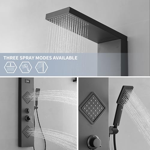 Shower Panel Shower Tower System, Stainless Steel with Massage Body Jets Adjustable, Stand Shower Column Wall Mount, Black