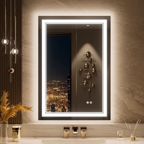 Keonjinn 22" x 32" LED Mirror for Bathroom, Front & Backlit, Tempered Glass | 3 Color Lights, Auto-OFF Defogging, Dimmable, Smart Memory Function, Wall Switch/Plug in, Lighted Mirrors for Bathroom Wall - size: 32"L x 22"W