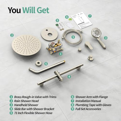 SR SUN RISE 12" Shower Faucet Set with Shower Slide Bar,Brushed Nickel | High Pressure Shower Head,6-Spray Setting,16"Adjustable Shower Slide Bar,Soild Brass,Wall Mount,Included Valve and Trim Kit - color: Brushed Nickel