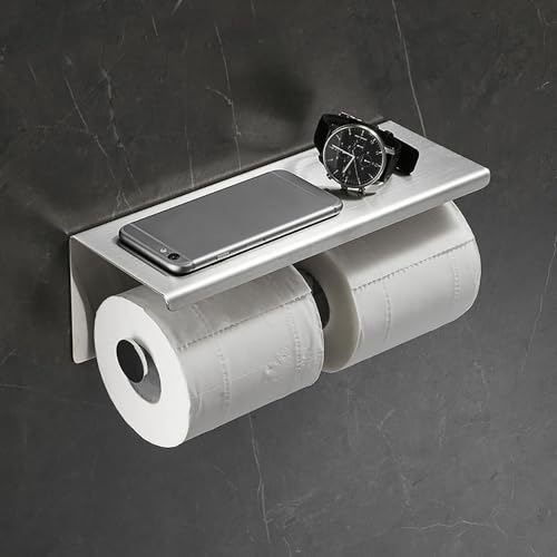 Double Toilet Paper Holder with Shelf Double Roll Toilet Paper Holder Wall Mounted Stainless Steel for Bathroom (Silver) - color: Silver-double With Shelf, size: Fits Regular Rolls