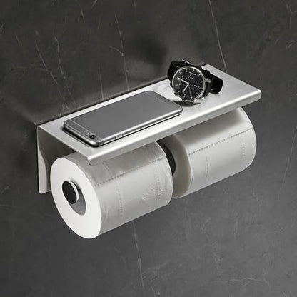 Double Toilet Paper Holder with Shelf Double Roll Toilet Paper Holder Wall Mounted Stainless Steel for Bathroom (Silver) - color: Silver-double With Shelf, size: Fits Regular Rolls
