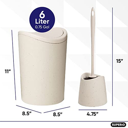 Superio Bathroom Trash Can with Toilet Brush Set Eco Friendly Modern Small Waste Basket Plastic Garbage Can with Swing Lid and Toilet Bowl Cleaner Bathroom Accessories Set