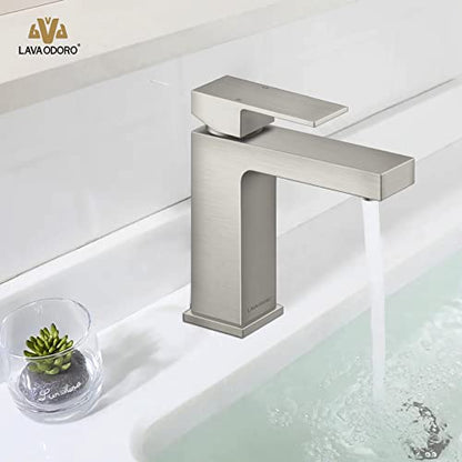 Single Hole Brushed Nickel Bathroom Faucet, BF307-BN | Modern Single Handle Bathroom Sink Faucet Vanity Faucet with Drain Assembly, Deck Plate Included - color: Brushed Nickel