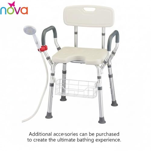 NOVA Bath & Shower Seat w/U-Shaped Hygienic Cutout & Padded/Removable Arms & Back - for Seniors, Handicap & Medical Use, Adjustable Height, Aluminum Frame, Non-Skid Safety, Tool-Free, 300lb Capacity