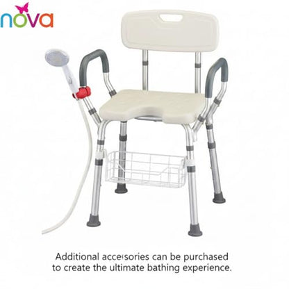NOVA Bath & Shower Seat w/U-Shaped Hygienic Cutout & Padded/Removable Arms & Back - for Seniors, Handicap & Medical Use, Adjustable Height, Aluminum Frame, Non-Skid Safety, Tool-Free, 300lb Capacity