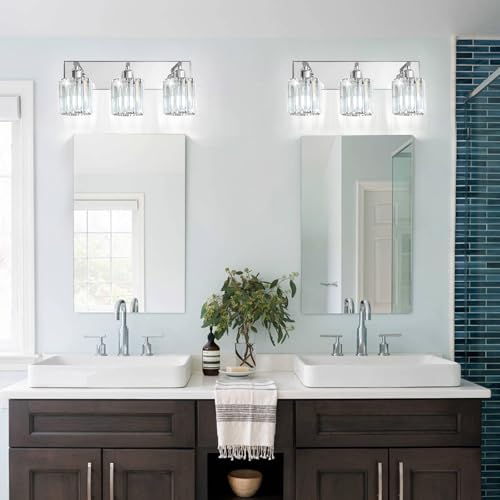 Brushed Chrome Crystal Bathroom Vanity Light, 3-Light Modern Bathroom Lighting Fixtures Over Mirror,Chrome Wall Sconce Light Fixtures with Round Shade - color: Chrome-Round Shade, size: 3-LIGHT