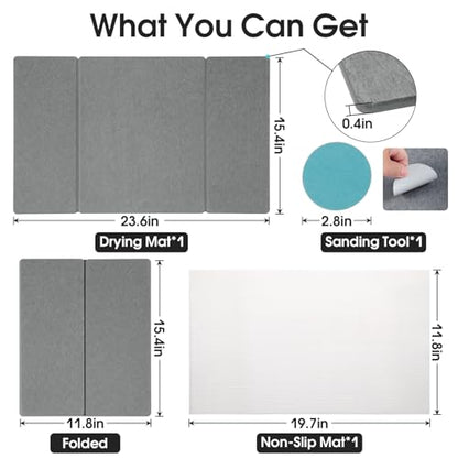 Stone Drying Mat for Kitchen Counter, Quick-Drying Dish Drying Mat | Foldable, Highly Absorbent, Suitable for Use In Kitchens and Bathrooms Stone Bath Mat, Size 23.6"×15.4" (Dark Gray)
