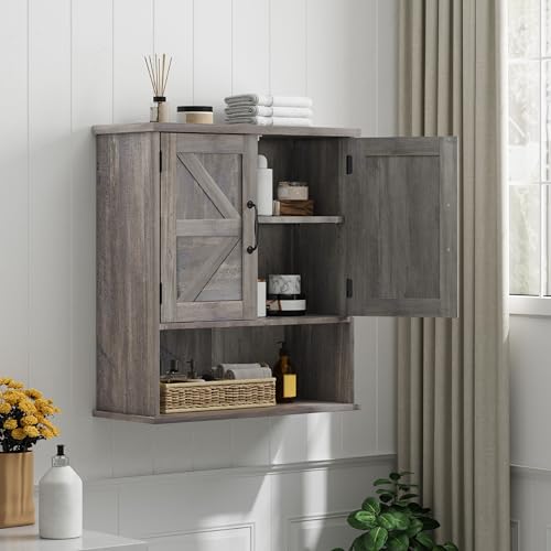 Smuxee Farmhouse Bathroom Cabinet Wall Mounted, Washed Grey Small Medicine Cabinet with Adjustable Shelf, Bathroom Cabinet for Living Room, Laundry Room - color: Washed Grey, size: Small
