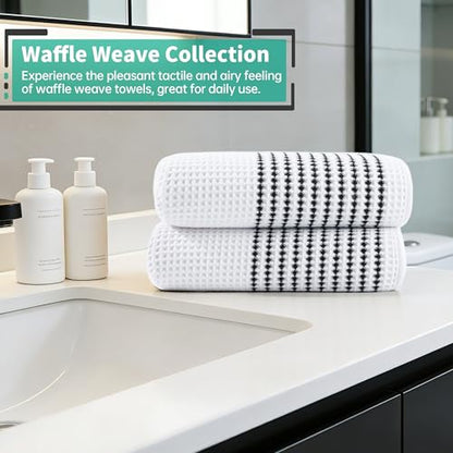 MICROFI New Microfiber Waffle Bath Towels, 2 Pieces, Soft, Absorbent, Fast Drying, Lint Free 430 GSM (30''x60''/76cm x 152cm) - color: White Striped