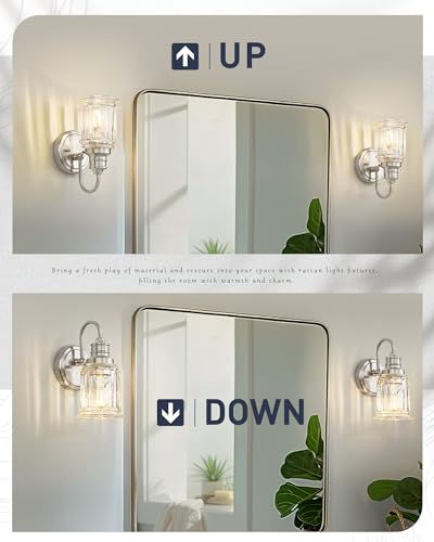 Bathroom Wall Sconces Brushed Nickel, HWH Modern Bathroom Vanity Wall Light Sconce Wall Lighting Set of 2, 1-Light Wall Sconce Bell-Shaped Fluted Glass, 5HZG106B-2 BN - color: Brushed Nickel, size: 1-Light *2