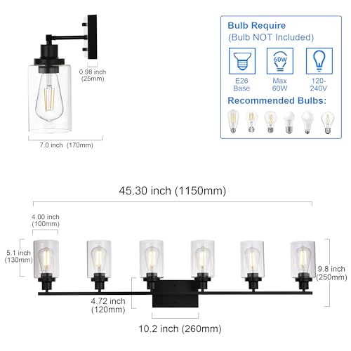 MELUCEE Black Vanity Light Fixture 6-Light with Clear Glass Shade | Industrial Metal Wall Sconce Bathroom Lighting for Bedroom Hallway Kitchen,(Patent No.: US D963914 S) - color: Black, size: 6-Light