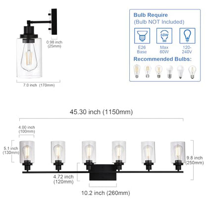 MELUCEE Black Vanity Light Fixture 6-Light with Clear Glass Shade | Industrial Metal Wall Sconce Bathroom Lighting for Bedroom Hallway Kitchen,(Patent No.: US D963914 S) - color: Black, size: 6-Light