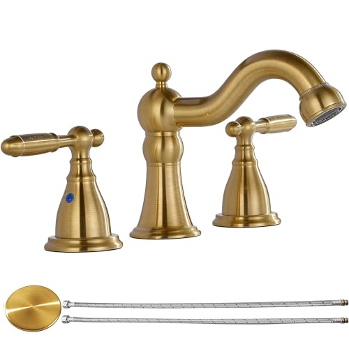 RKF Bathroom Faucets for Sink 3 Hole Gold 8 inch Widespread Bathroom Sink Faucet with Drain Double Lever Handle Faucet Bathroom Vanity Faucet Basin Mixer Tap WF013-BG - color: Gold