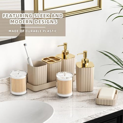 XLHOMO 26PC Bathroom Accessories Set - Gorgeous Beige Bathroom Set, Bathroom Accessory Set, Shower Curtain Set with Bathtub Mats for Shower Tub, Trash Can & Soap Dispenser - size: Bath Set+Bathtub Mat+Shower Curtain&Rugs, style: Beige&Gold