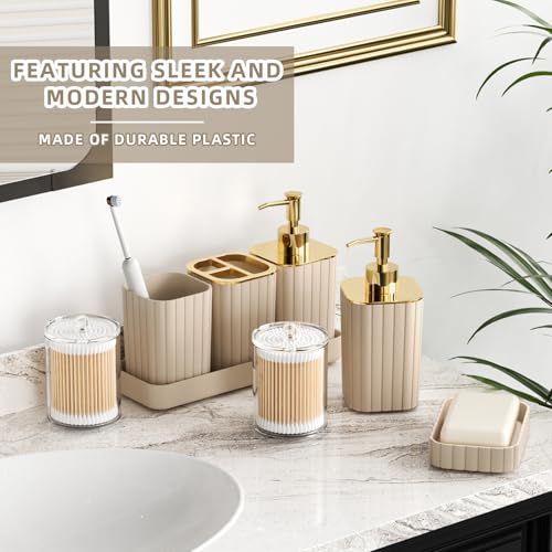 XLHOMO Bathroom Accessories Set - Gorgeous Bathroom Set, 10PC Beige Bathroom Accessory Set, Toilet Brush, Trash Can & Soap Dispenser - size: Bath Set, style: Beige&Gold