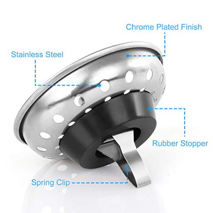 2PCS Kitchen Sink Strainer Stopper 2 in 1, Spring Clip Plunger, Replacement for Standard Drains(3-1/2 Inch), Chrome Plated Stainless Steel Body with Rubber Stopper
