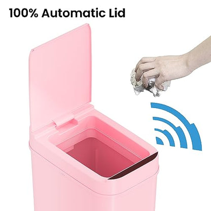 iTouchless 3 Gallon Sensor Bathroom Trash Can, 10 Liter Slim Touchless Automatic Small Garbage Bin with Lid, Narrow Smart Motion Control Commercial Wastebasket for Bedroom, Office, Pink Plastic