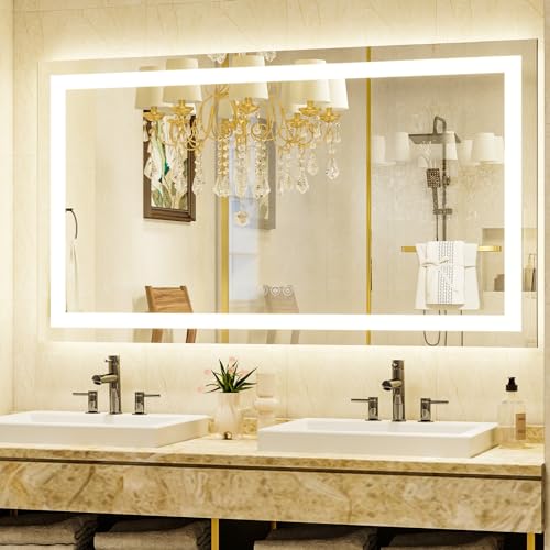 XRAMFY 55''X30'' LED Bathroom Mirror, Wall Mirror with Lights | Wall Mirror with Front and Backlight, 3 Colors Vanity Mirror with Lights, Anti-Fog Wall Mirror for Bathroom - size: 55"L x 30"W