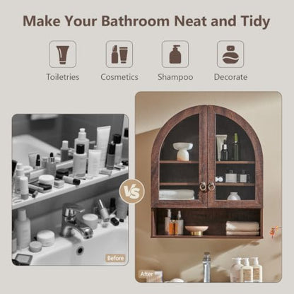IFGET Bathroom Arched Wall Cabinet, 23.6'' Wide Medicine Cabinet with Adjustable Shelves & Glass Doors, Over The Toilet Storage Wall Mount Cabinet for Laundry Room, Kitchen & Living Room, Dark Walnut - color: Dark Walnut