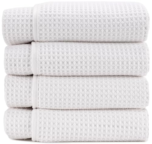 S&T INC. Aura Waffle Bath Towels, 4 Pack, 30" x 60", White | Quick-Dry, 420GSM, Absorbent Microfiber, Lightweight, Sewn-In Hang Loop, Compact for Home, Gym, and Travel - color: White
