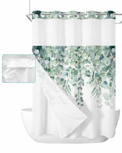 No Hook Shower Curtain and Snap in Liner Set, Green Eucalyptus Fabric Bathroom Stall Shower Curtains 48x72, See Through Mesh Top Window, Spring Summer Botanical Floral Leaves Country Hotel Style - color: Green, size: 48"W x 72"L (Pack of 1)