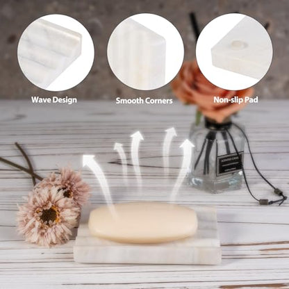2 Pcs Soap Holder for Bathroom, Marble Soap Dish for Kitchen Countertop, Soap Tray Draining with Creative Wavy Design, Bar Soap Saver for Bath Tub, Sponges, Italian Natural Stone(Agiax) - color: Agiax