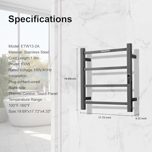 Electric Heated Towel Warmer - Wall Mounted Bathroom Towel Rack, Plug-in Design & Brushed Stainless Steel Finish Gunmetal with Timer & Temperature Control 4 Bar - color: Square Gunmetal With Timer, size: 4 Bar