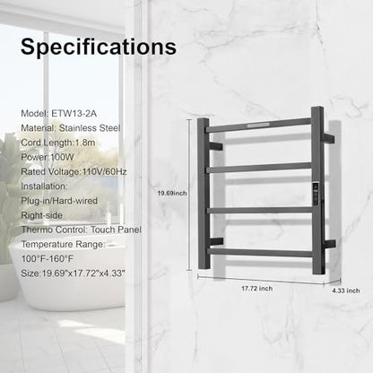 Electric Heated Towel Warmer - Wall Mounted Bathroom Towel Rack, Plug-in Design & Brushed Stainless Steel Finish Gunmetal with Timer & Temperature Control 4 Bar - color: Square Gunmetal With Timer, size: 4 Bar