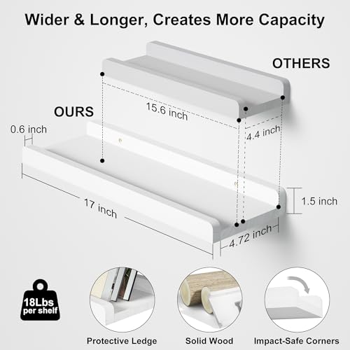 Love-KANKEI 17" White Floating Wall Shelves with Lip,Solid Wood,Set of 2 | Protective Ledge,Easy to Install,For Bedroom Living Room Bathroom Kitchen Office,Nursery Display,18 Lbs/shelf,Wall Decor