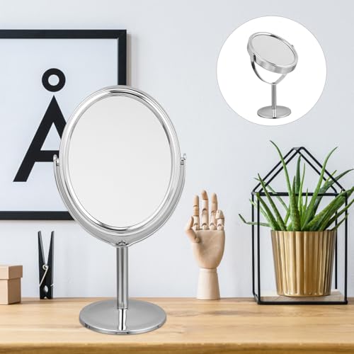DECHOUS Double-Sided Oval Desktop Makeup Mirror Silver, Rotatable Beauty Vanity Mirror with Swivel Stand for Home Dressing Table and Personal Grooming