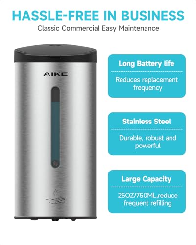 AIKE Automatic Liquid Soap Dispenser,25oz Capacity for Bathroom,Brushed | No-Drill and Screw Wall Mount Install Design for Space-Saving,4*AA batteries(Not Included) Ensure Long Standby,Model AK1205E - color: Brushed Stainless Steel