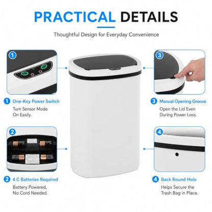 13 Gallon Kitchen Trash Can with Lid,Automatic Touchless Garbage Can for Kitchen,PP Plastic Motion Sensor Trash Can,Tall Large-Capacity Trash Bin,Hands-Free Smart Waste Bin for Home - color: White