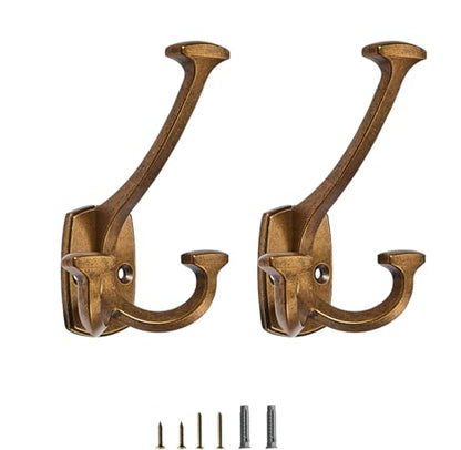 Antique Brass Hooks Large Wall Mounted Decorative Solid Heavy-Duty Double-Sided Coat Hooks Triple Coat Hook Towels Coats Robes Towels Bag Bathroom Three Prong Coat Hook (2 Pack) - color: Antique Brass