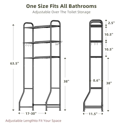 Simple Trending Expandable Over The Toilet Storage Rack, Metal 3 Tier Bathroom Organizer Shelf with Paper Holder and 3 Hooks, Black - color: Black
