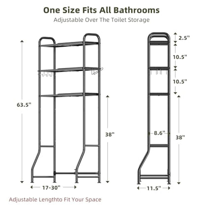 Simple Trending Expandable Over The Toilet Storage Rack, Metal 3 Tier Bathroom Organizer Shelf with Paper Holder and 3 Hooks, Black - color: Black