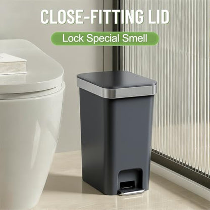Bathroom Trash Can with Lid, 2.6 Gallon /10 Liter Small Garbage Can, Press Top Bin & Step Metal Pedal Trash Bin Plastic Wastebasket for Bedroom, Office, Kitchen, Dorm (Black Gray) - color: Dark Gray-1 Pack