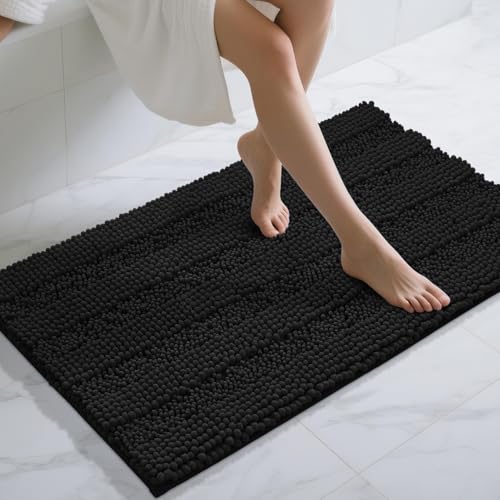 Yimobra Bathroom Rug Mat 44 x 24, Non Slip and Super Absorbent Bath Mat,Machine Washable Quick Dry,Ultra Plush Chenille Shower Rugs for Bathroom Floor Sink Tub and Shower Outside,Black - color: Black, size: 44" X 24"