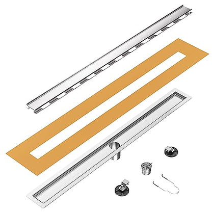 24 inch Linear Shower Drain with Tile Insert Grate Cover | Brushed 304 Stainless Steel Bonding Flange Linear Drain, Low Profile Linear Shower Drain with Hair Strainer - color: 24 in, size: Tile-insert