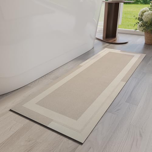 YDKGL Non Slip Bath Mat Long Ultra Thin Bathroom Rugs Runner Fit Under Door | Quick Dry Absorbent Washable Rubber Backing Bath Rug Shower Bathroom Floor Mat for Sink Bathtub Shower Entrance Beige 17"x47" - color: A- Beige, size: 17” x 47“