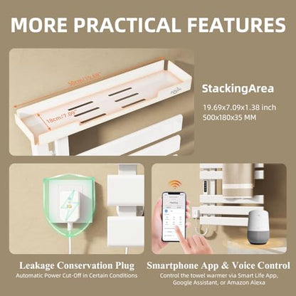 Smart Heated Towel Racks for Bathroom,Electric Towel Warmer Rack App & Voice Control,WiFi Heated Towel Bar Wall Mounted,Towel Warming Rack with Top Shelf and Led Timer,Flat Widen 6 Bar,White - color: White