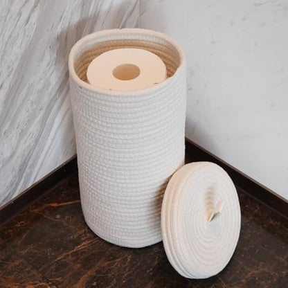 Toilet Paper Holder Handmade – Woven Cotton Toilet Paper Stand & Storage Basket with Lid, Freestanding Organizer for Bathroom, Fits 3 Mega Rolls Gradient Brown 14'' x 7'' - color: White